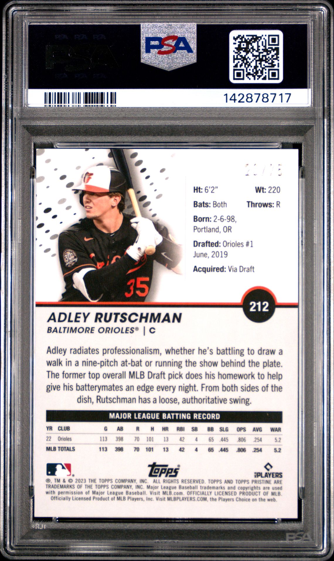 2023 Topps Pristine Adley Rutschman #212 (Blue) Gem Mt 10 back