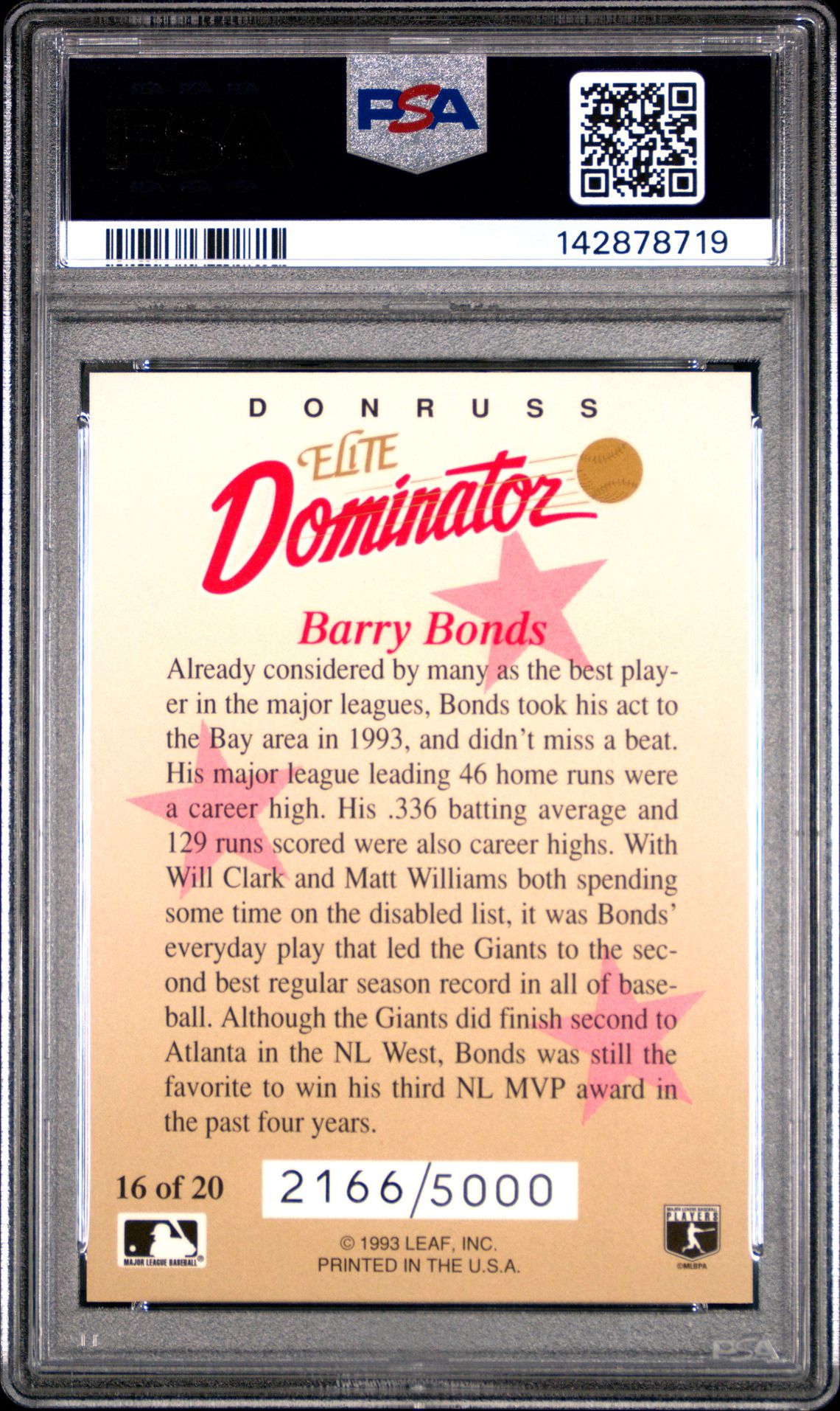 1993 Donruss Elite Dominator Barry Bonds #16 (Dominator) Mint 9 back