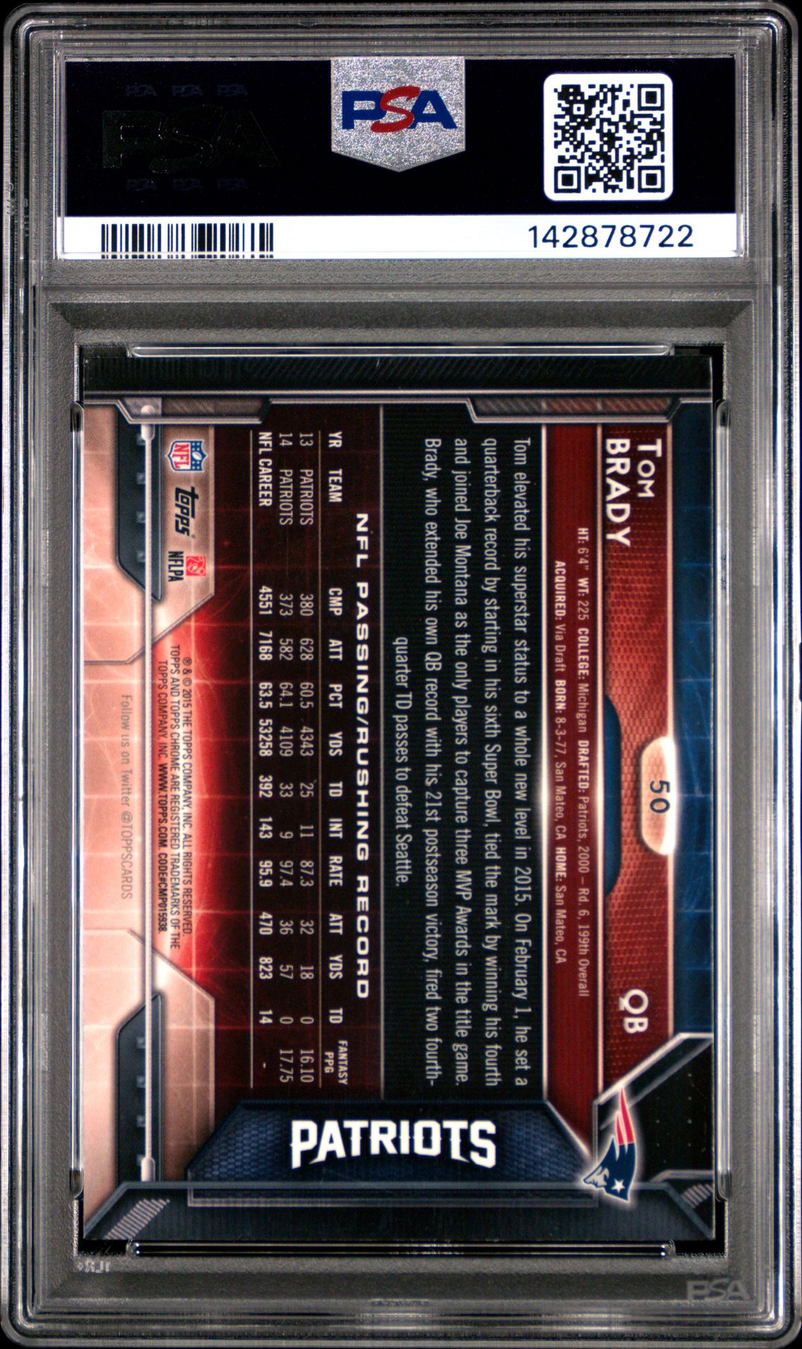 2015 Topps Chrome Tom Brady #50 (Green Refractor) Gem Mt 10 back