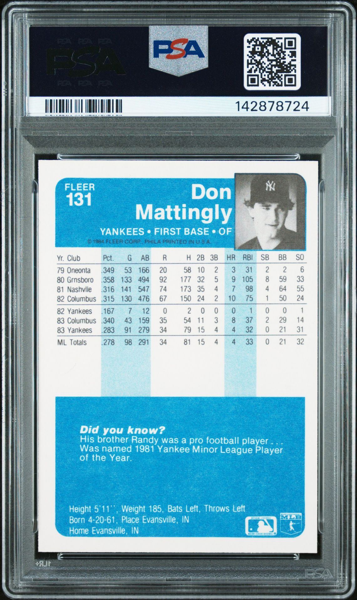 1984 Fleer Don Mattingly #131 Mint 9 back