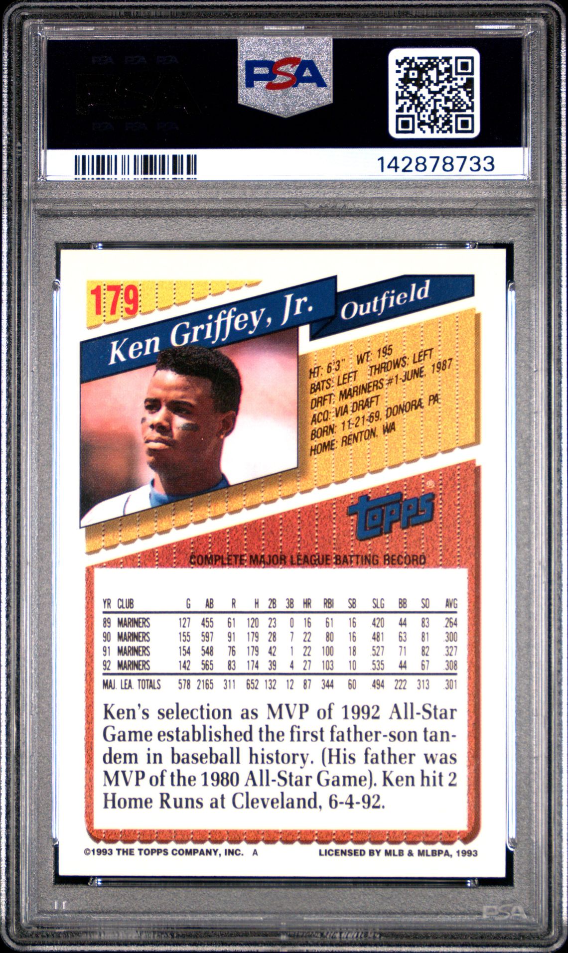 1993 Topps Gold Ken Griffey Jr. #179 Mint 9 back