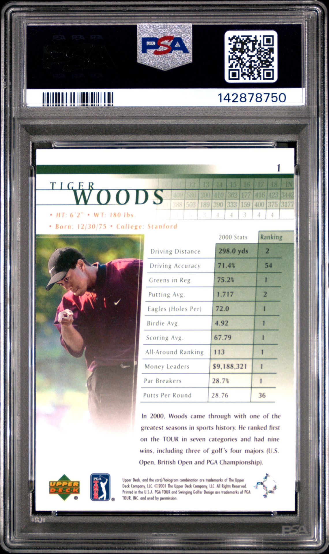 2001 Upper Deck Golf Tiger Woods #1 Mint 9 back
