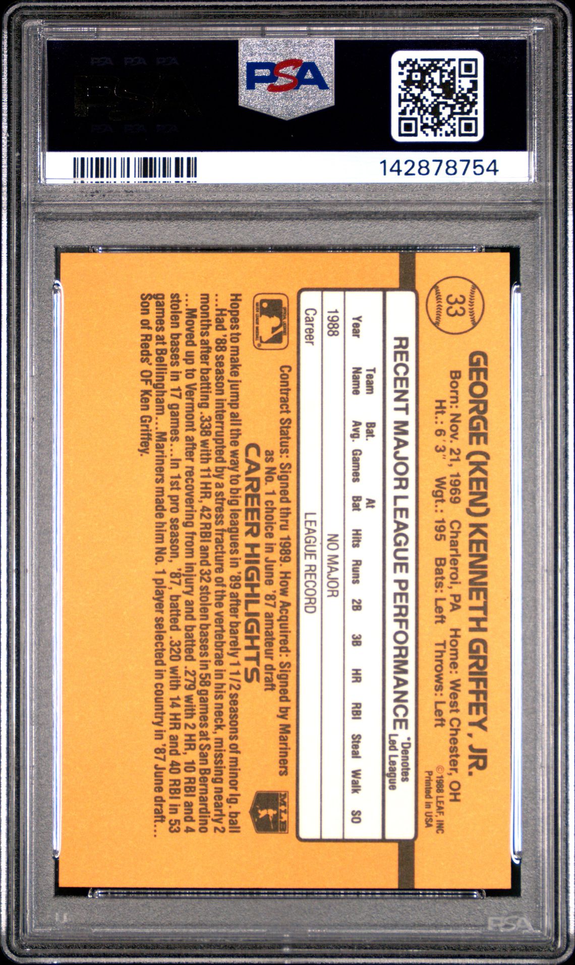 1989 Donruss Ken Griffey Jr. #33 Gem Mt 10 back