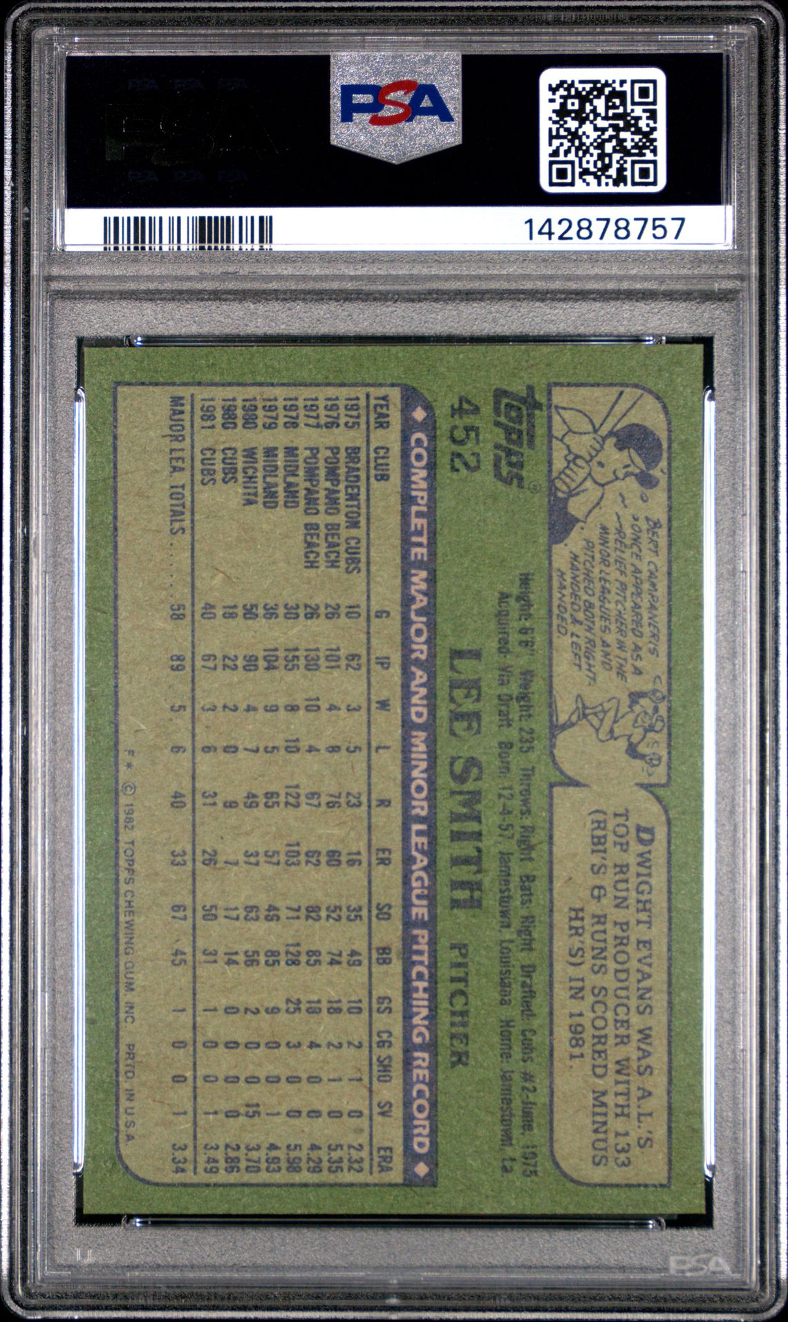 1982 Topps Lee Smith #452 Mint 9 back