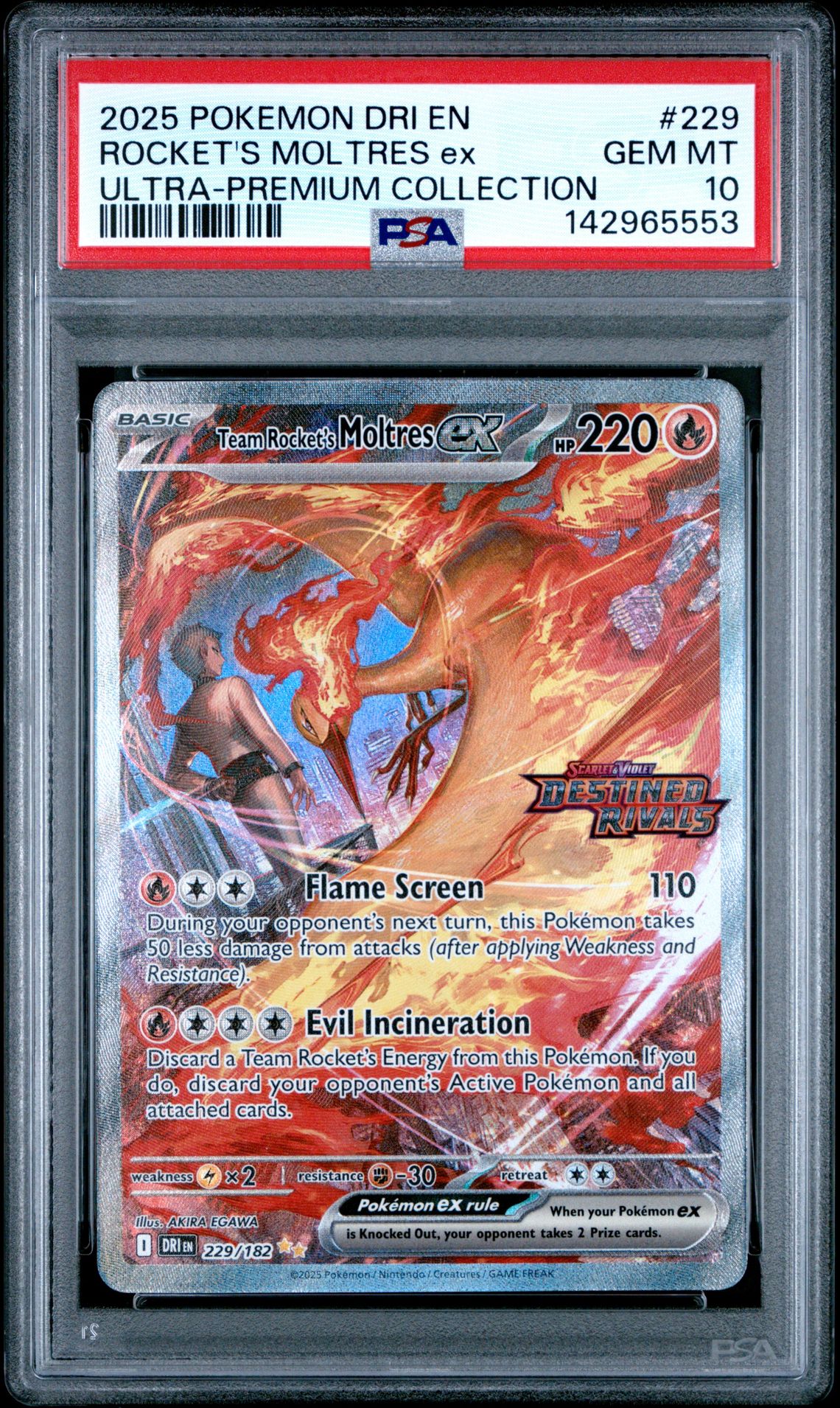 2025 Pokemon Dri En-Destined Rivals Rocket's Moltres Ex #229 (Ultra-Premium Collection) Gem Mt 10 front