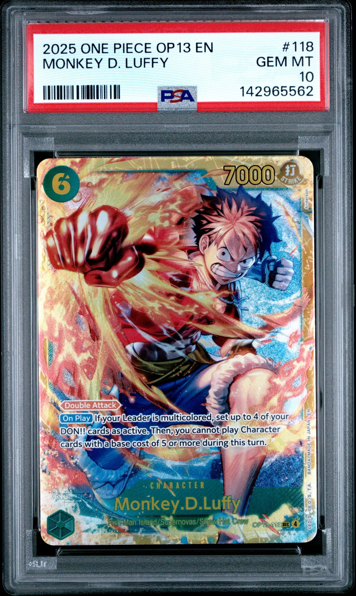 2025 One Piece Op13-Carrying On His Will Monkey D. Luffy #118 Gem Mt 10 front view - PSA graded GEM MT 10