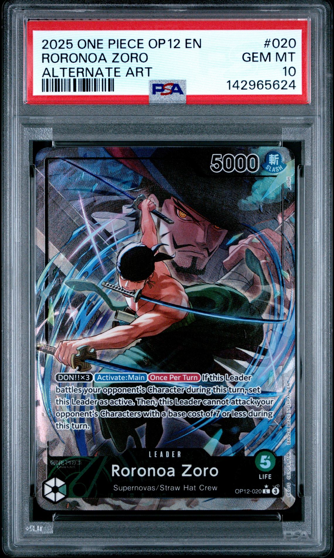 2025 One Piece Op12-Legacy Of The Master Roronoa Zoro #020 (Alternate Art) Gem Mt 10 front