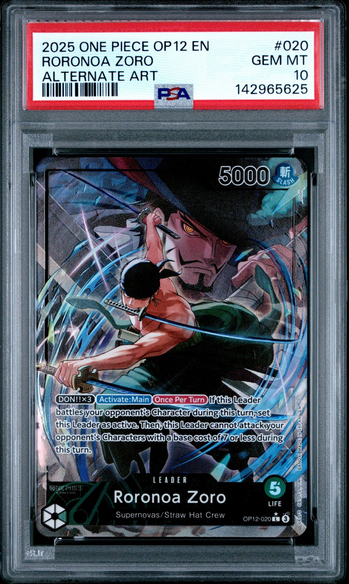 2025 One Piece Op12-Legacy Of The Master Roronoa Zoro #020 (Alternate Art) Gem Mt 10 front