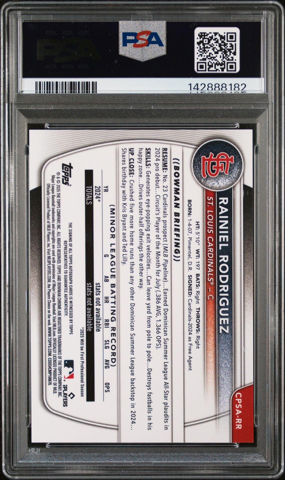 2025 Bowman Chrome Sapphire Edition Chrome Prospects Autographs Rainiel Rodriguez #Rr (Chrome Prospect Au-Green) Mint 9 back