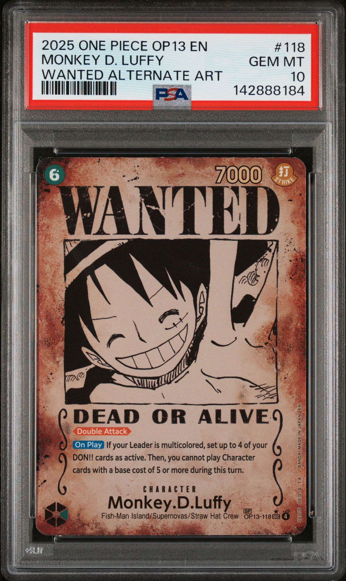 2025 One Piece Op13-Carrying On His Will Monkey D. Luffy #118 (Wanted Alternate Art) Gem Mt 10 front