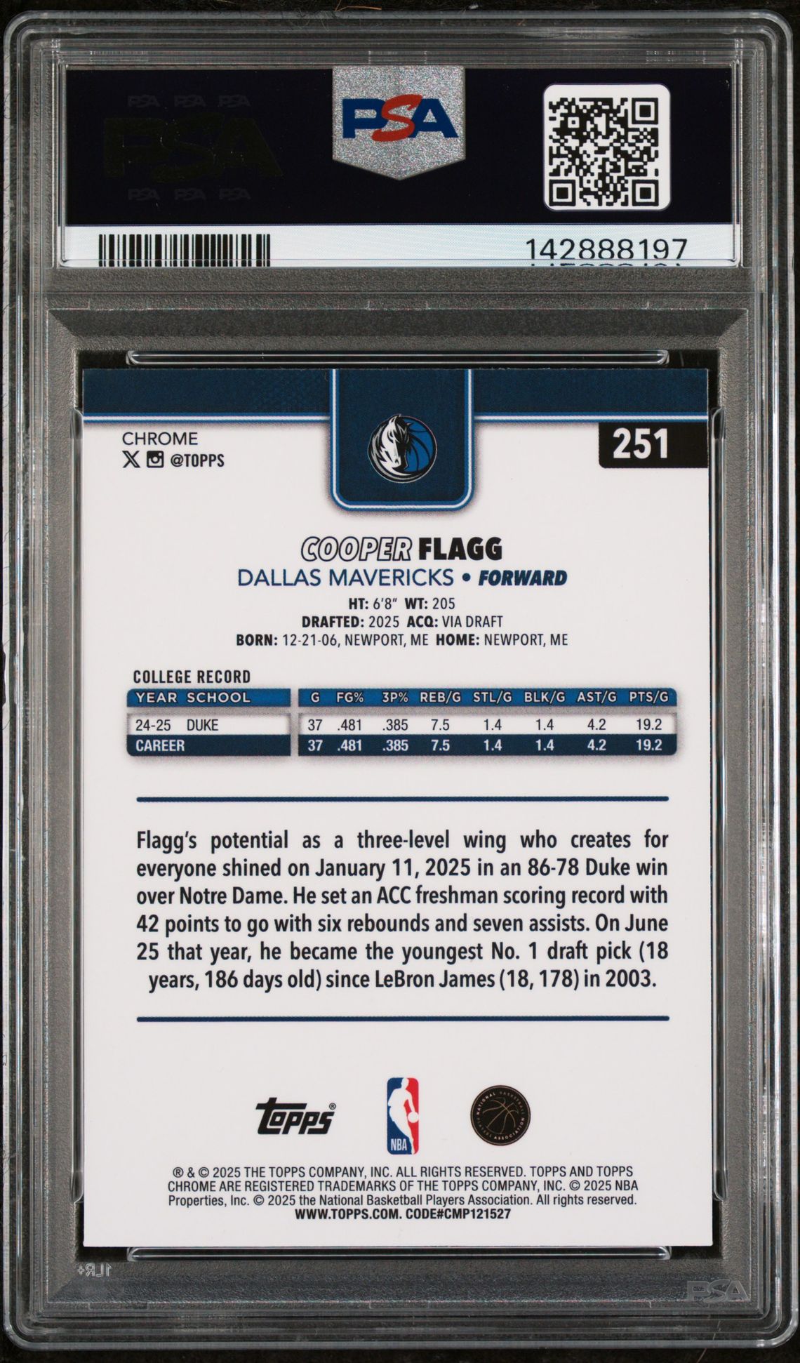 2025 Topps Chrome Cooper Flagg #251 Gem Mt 10 back