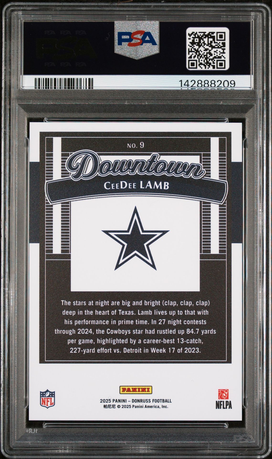 2025 Panini Donruss Downtown Ceedee Lamb #9 Gem Mt 10 back view - PSA certificate #142888209