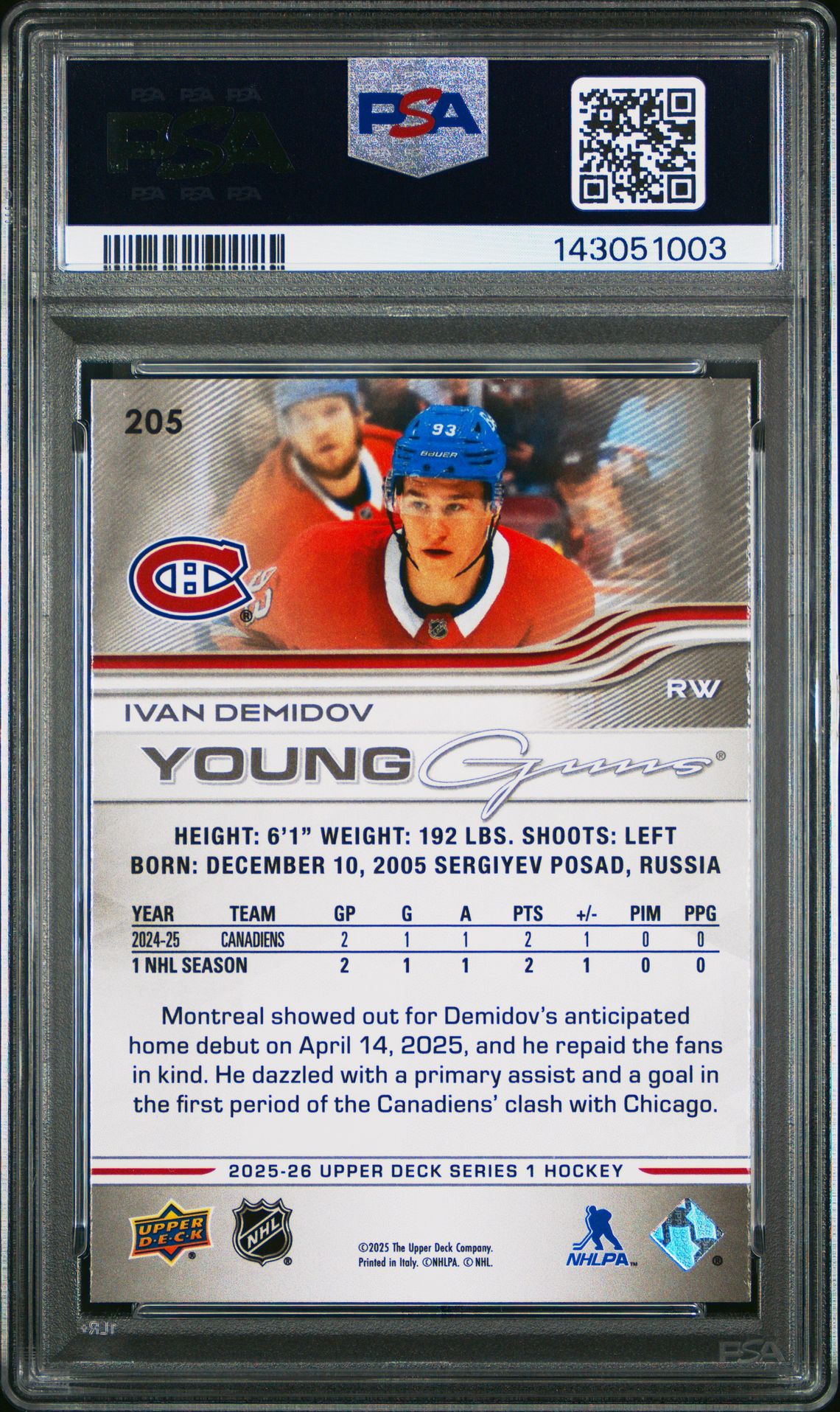 2025 Upper Deck Ivan Demidov #205 Mint 9 back