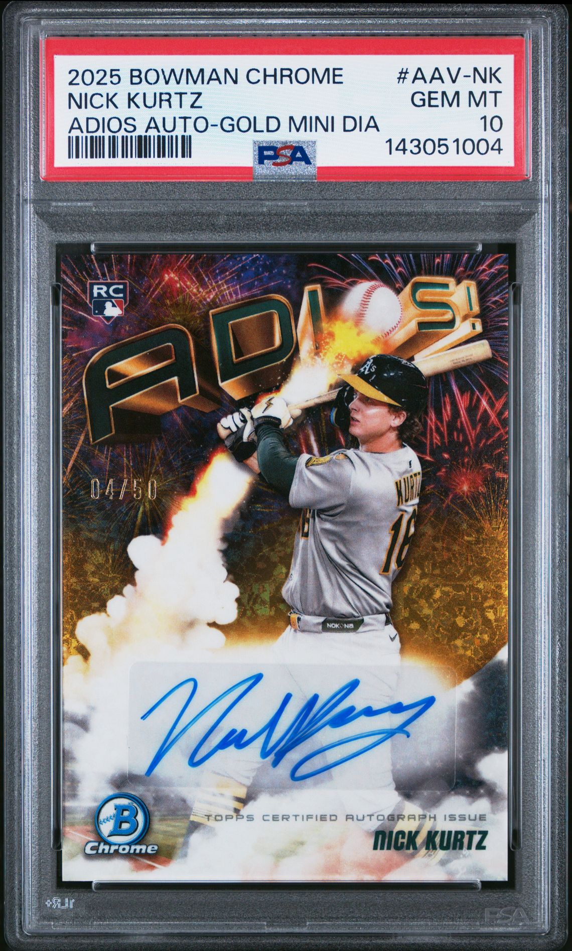 2025 Bowman Chrome Adios Autographs Nick Kurtz #Aav-Nk (Adios Auto-Gold Mini Dia) Gem Mt 10 front