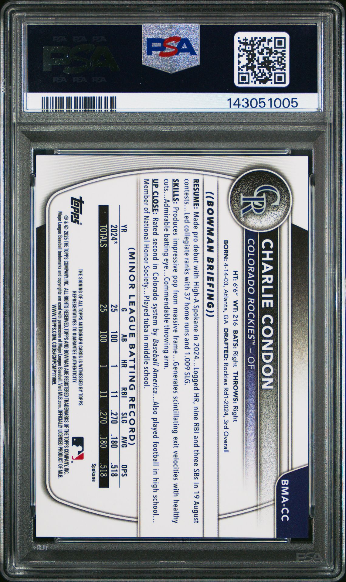 2025 Bowman Chrome Mega Box Chrome Prospects Autographs Charlie Condon #Cc Mint 9 back