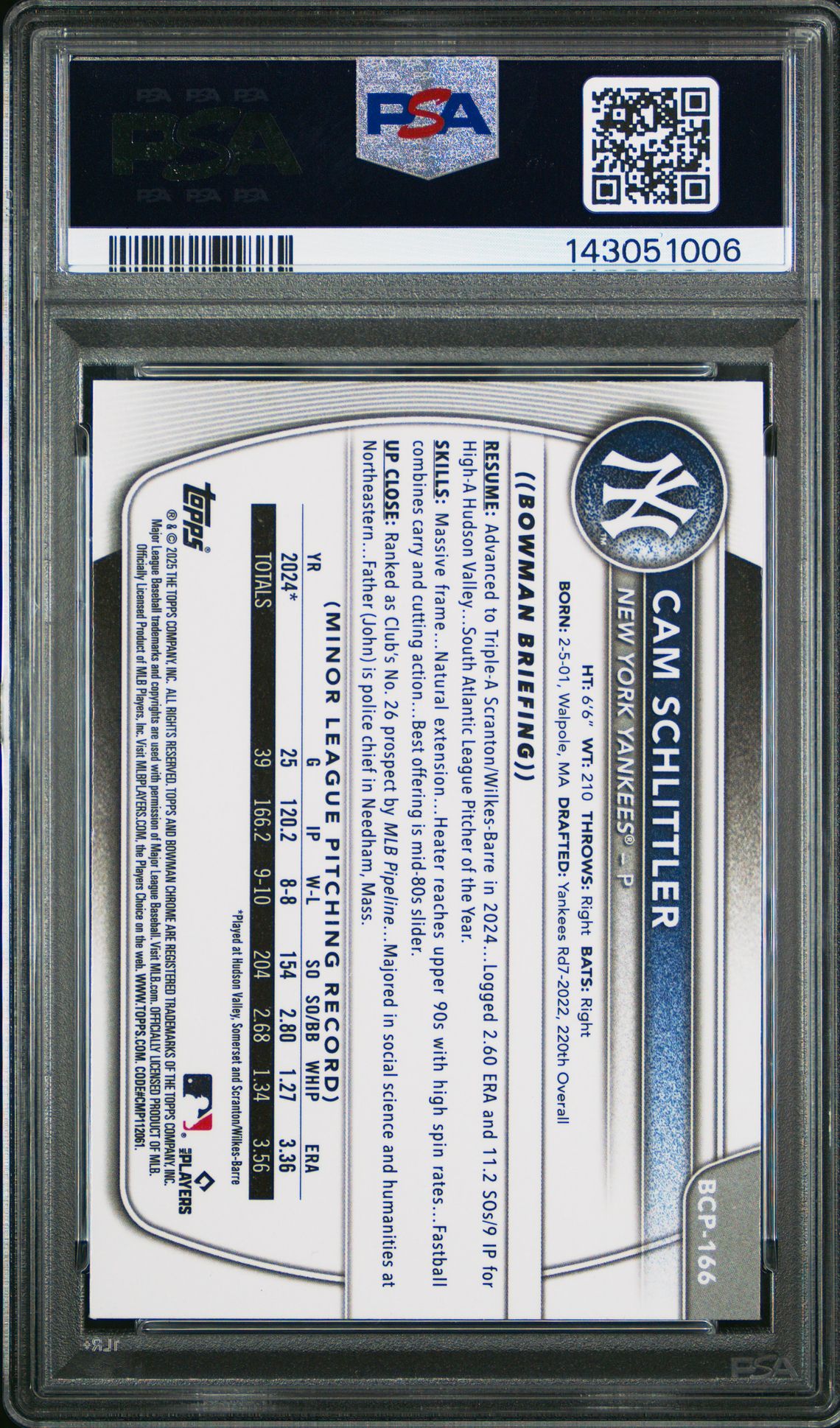 2025 Bowman Chrome Prospects Cam Schlittler #Bcp166 (Prospects) Gem Mt 10 back