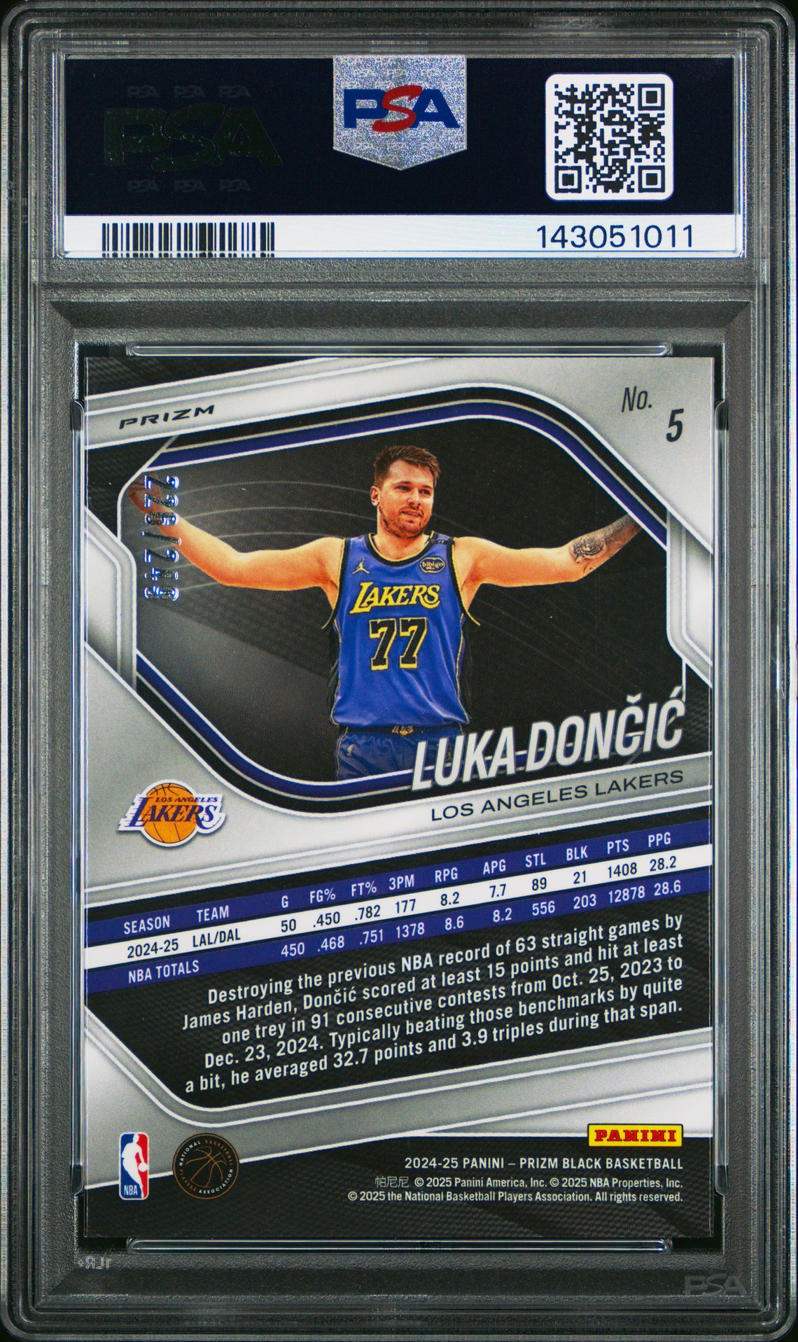 2024 Panini Prizm Black Luka Doncic #5 (Skewed) Gem Mt 10 back