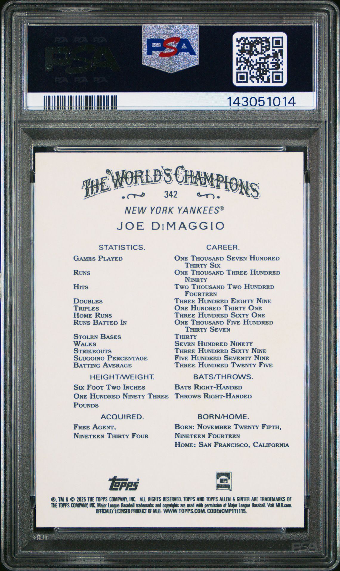 2025 Topps Allen & Ginter Joe Dimaggio #342 (Gold Foil Filigree) Gem Mt 10 back