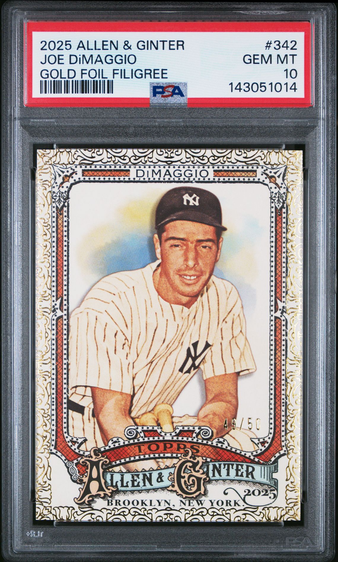 2025 Topps Allen & Ginter Joe Dimaggio #342 (Gold Foil Filigree) Gem Mt 10 front
