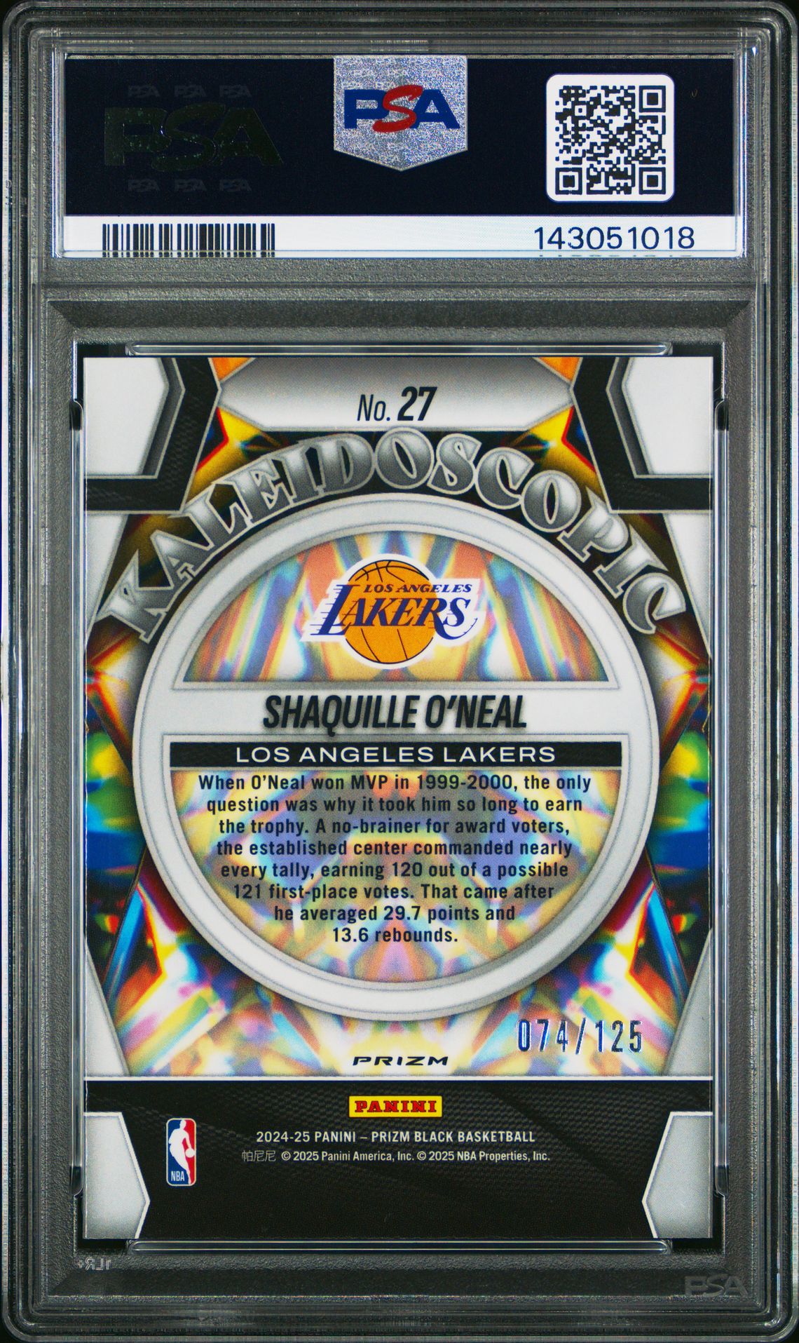 2024 Panini Prizm Black Kaleidoscopic Shaquille O'neal #27 (Kaleidoscopic-Blue Ice) Gem Mt 10 back