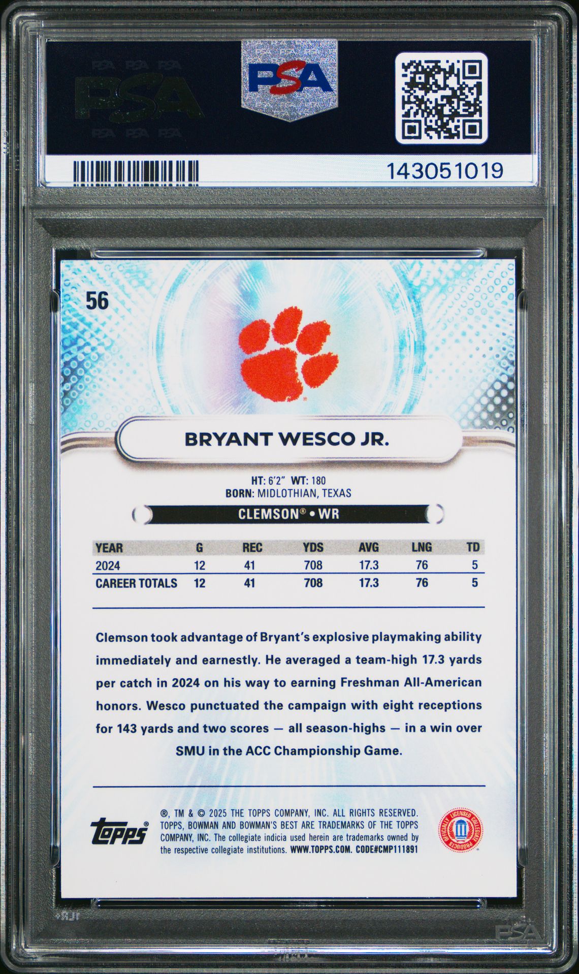 2025 Bowman Best University Bryant Wesco Jr. #56 (Green Mini Diamond) Gem Mt 10 back