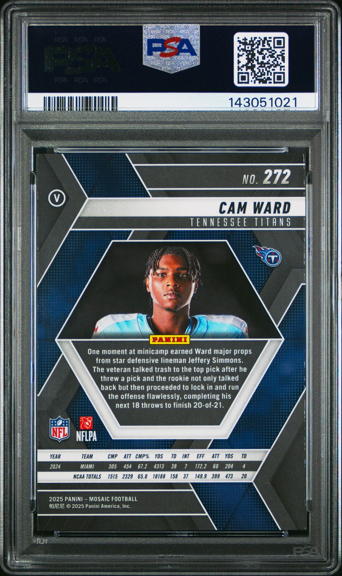 2025 Panini Mosaic Cam Ward #272 Gem Mt 10 back