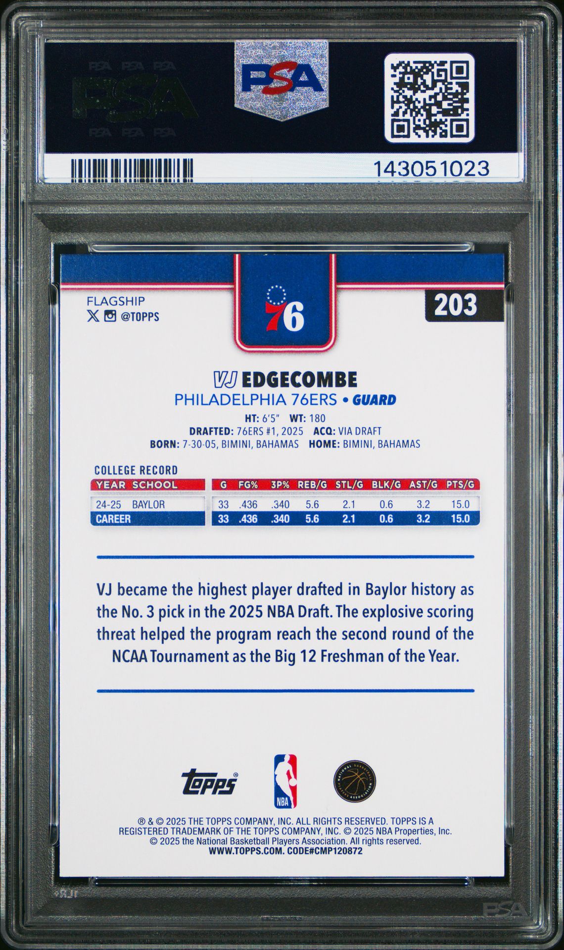 2025 Topps Vj Edgecombe #203 Mint 9 back