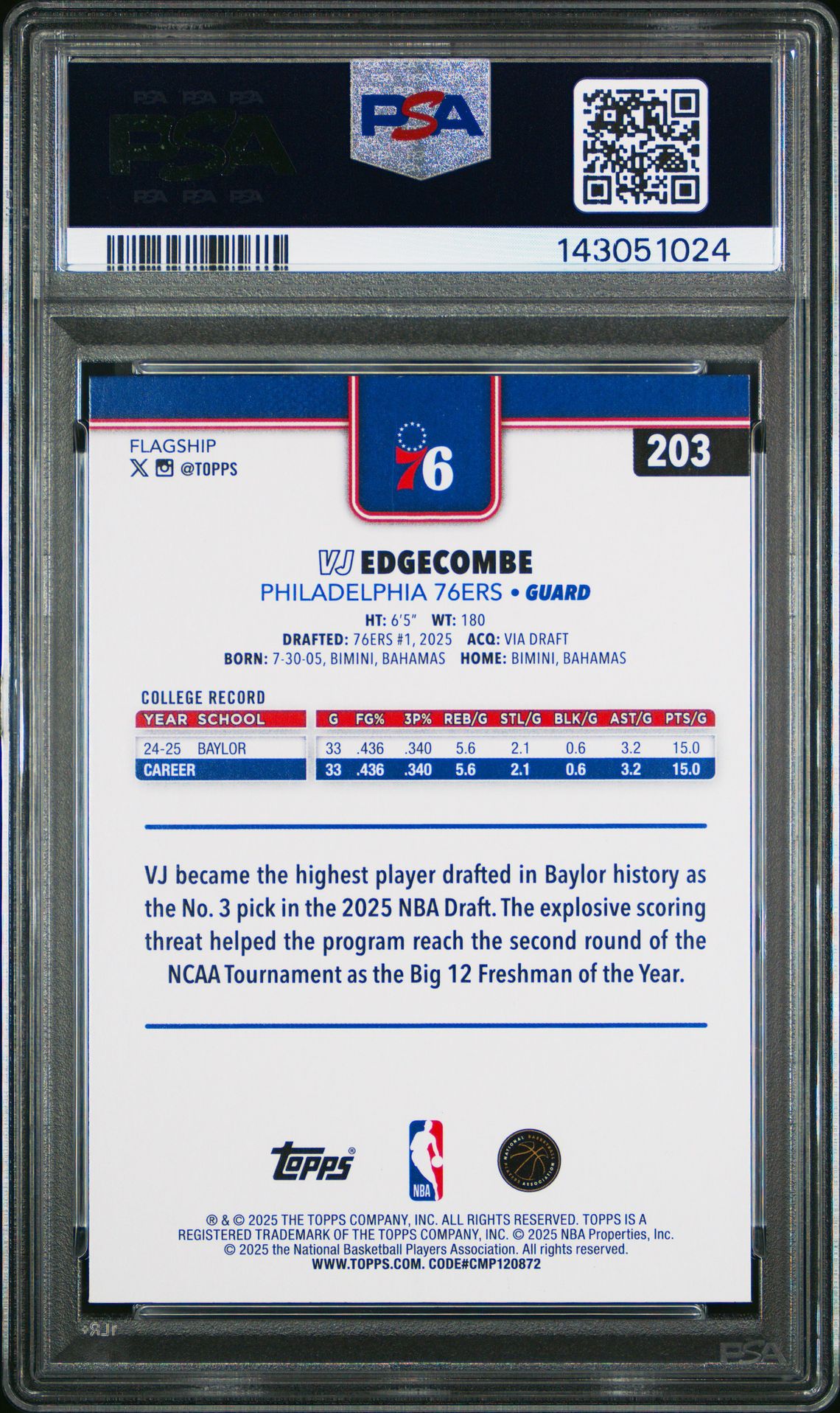 2025 Topps Vj Edgecombe #203 Mint 9 back