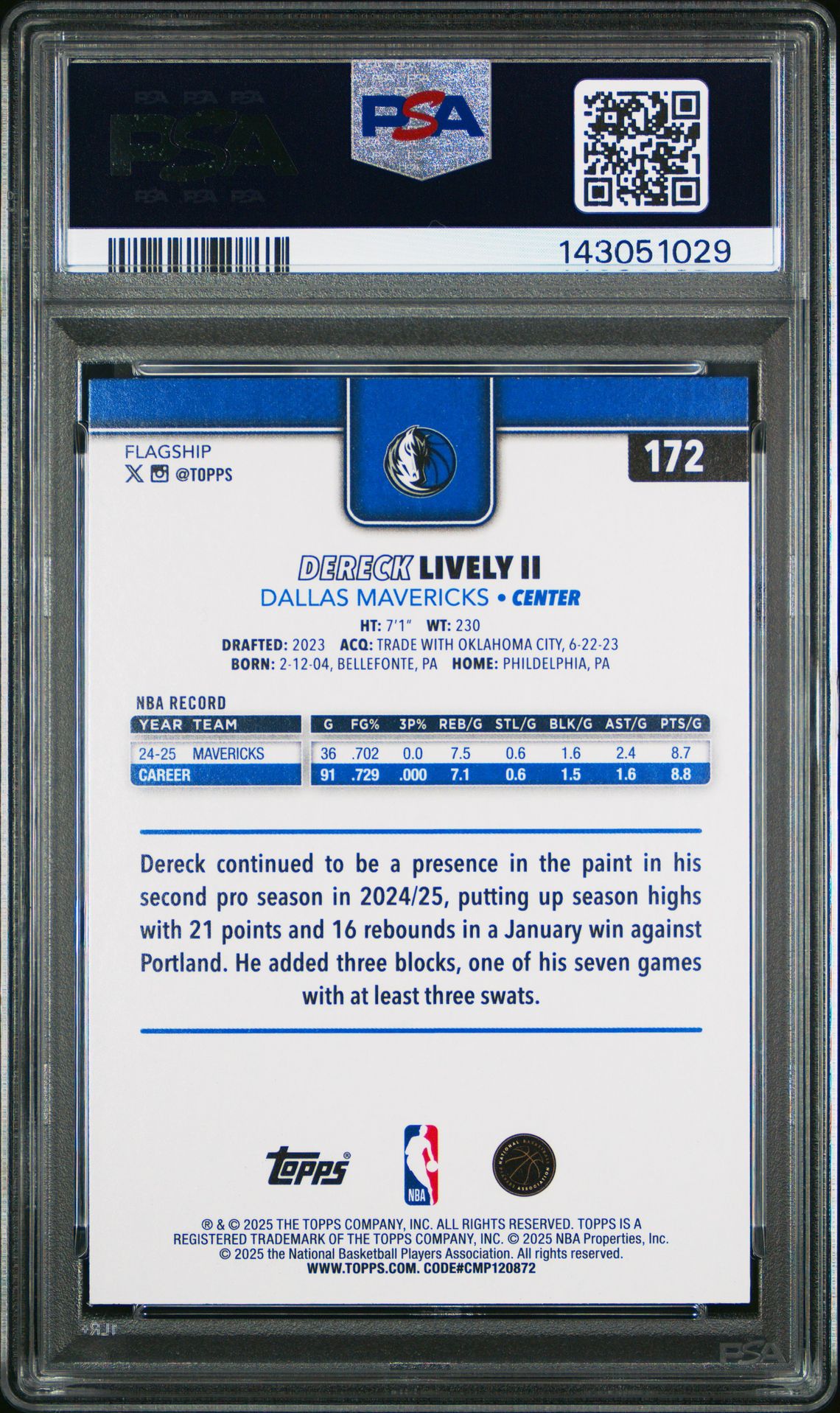 2025 Topps Dereck Lively Ii #172 (Holo Foil) Mint 9 back