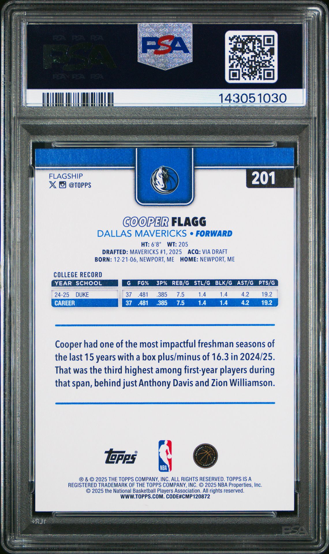 2025 Topps Cooper Flagg #201 Gem Mt 10 back