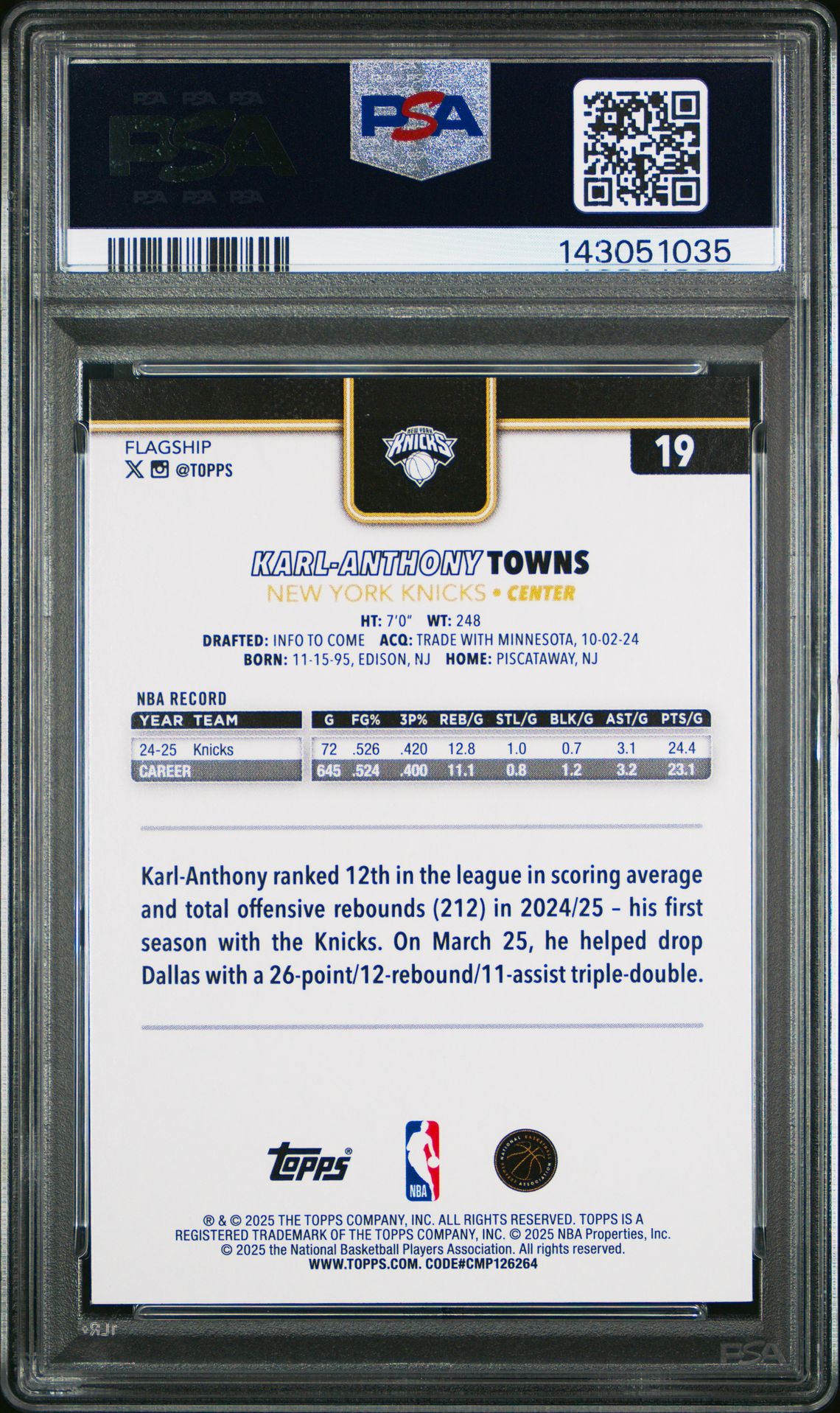 2025 Topps Karl-Anthony Towns #19 (Blackout) Gem Mt 10 back