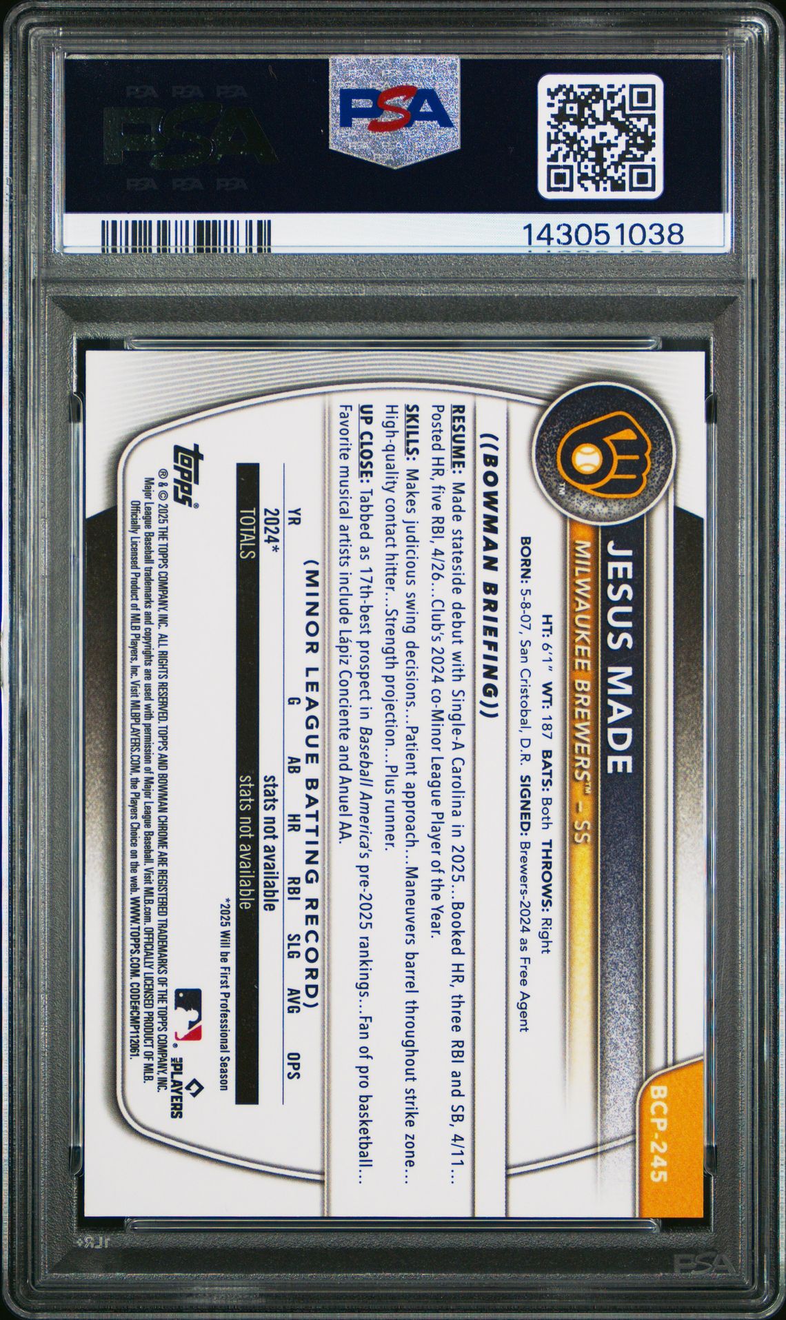 2025 Bowman Chrome Prospects Jesus Made #Bcp245 (Prospects-Purple Shimmer) Mint 9 back