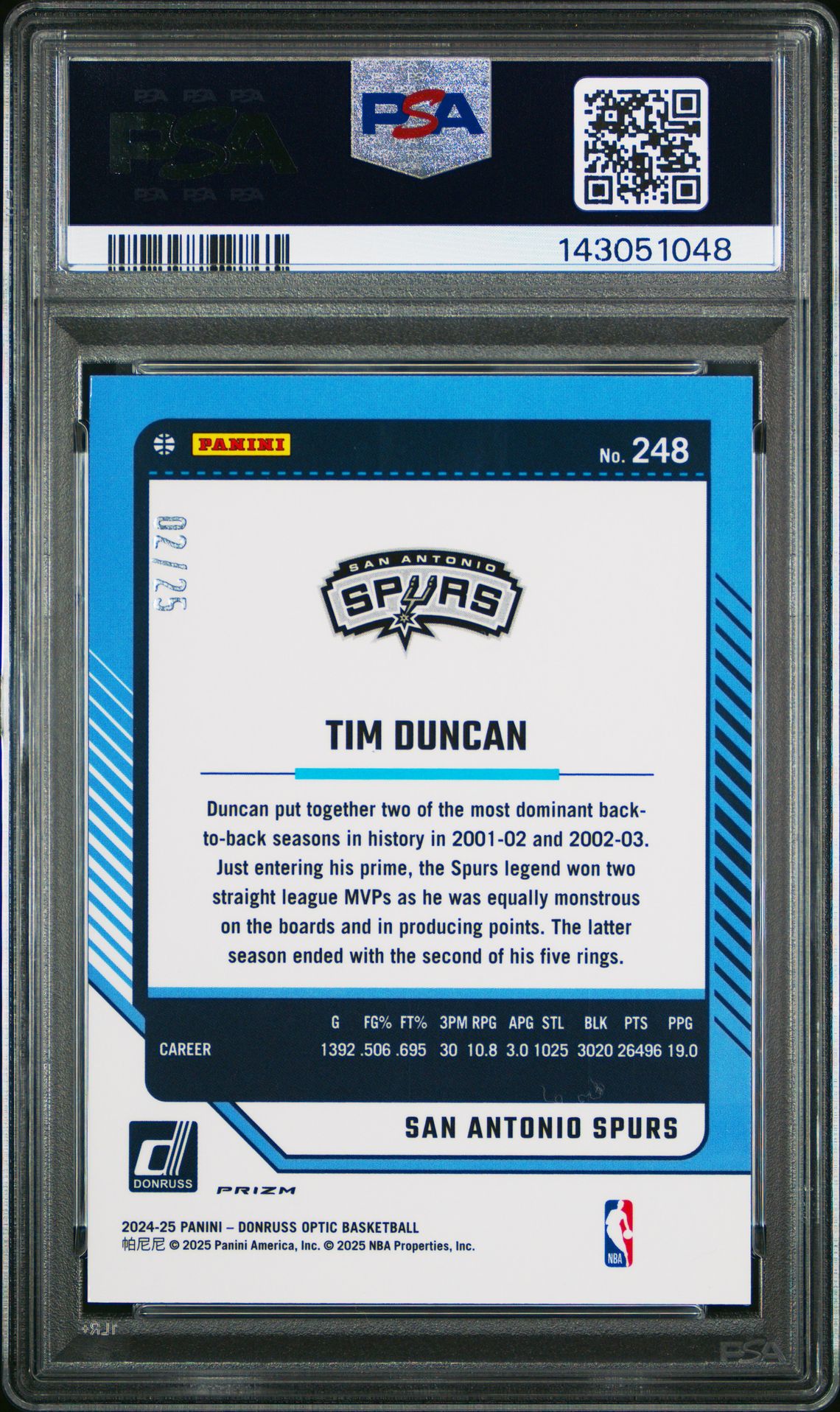 2024 Panini Donruss Optic Tim Duncan #248 (Pink Fast Break) Mint 9 back