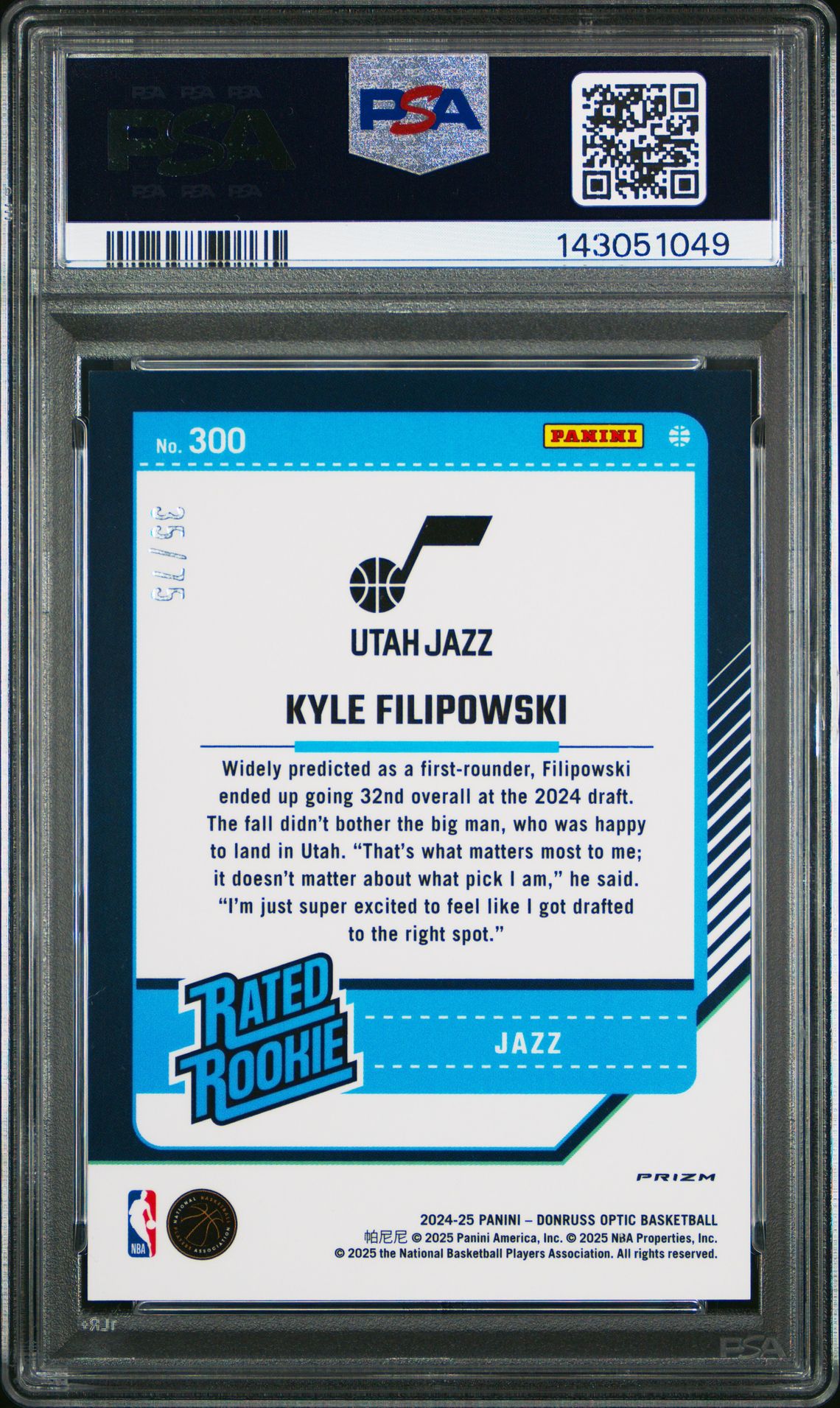 2024 Panini Donruss Optic Kyle Filipowski #300 (Red Fast Break) Mint 9 back
