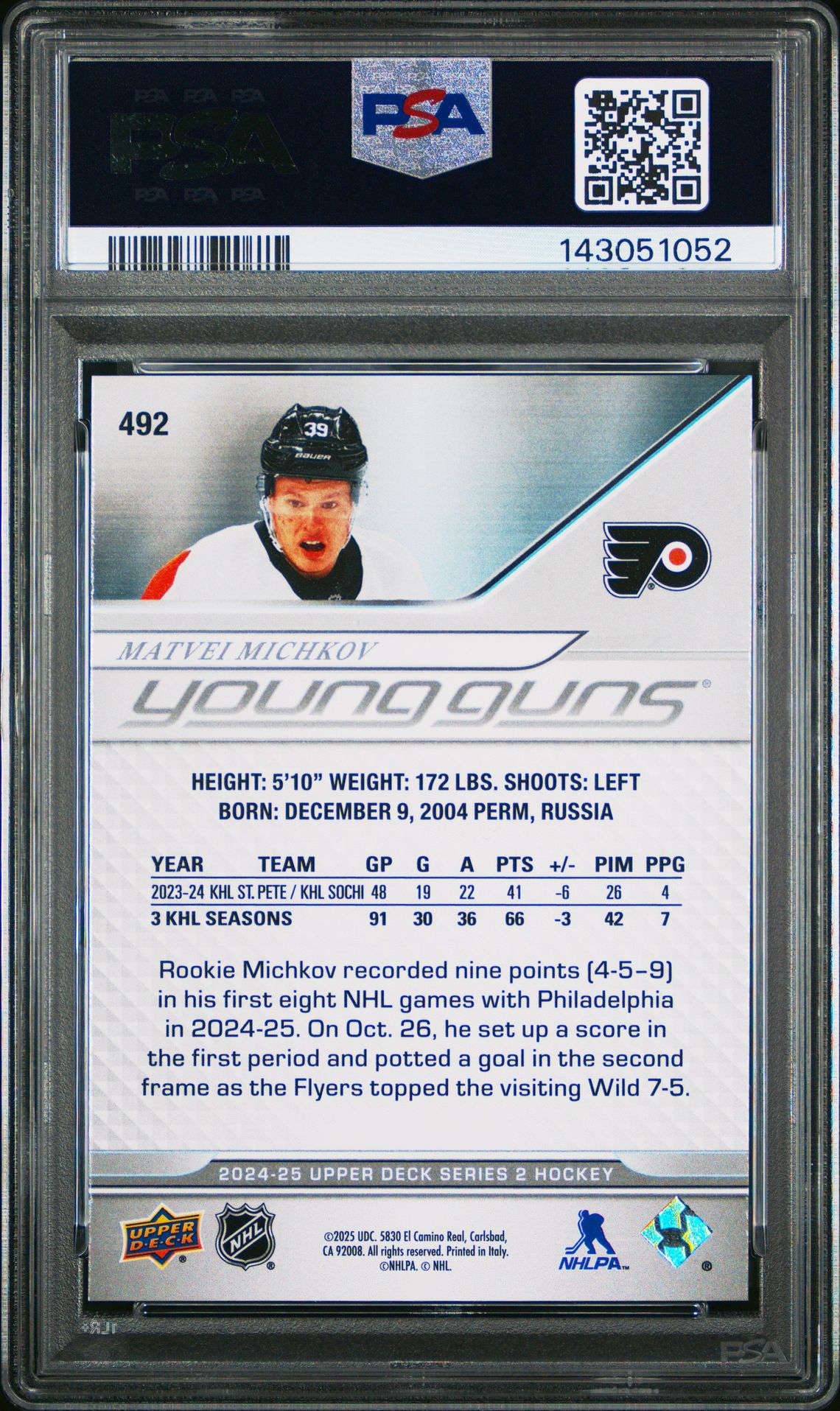 2024 Upper Deck Matvei Michkov #492 Mint 9 back