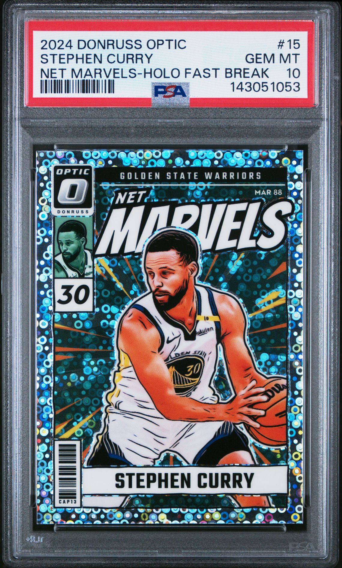 2024 Panini Donruss Optic Net Marvels Stephen Curry #15 (Net Marvels-Holo Fast Break) Gem Mt 10 front