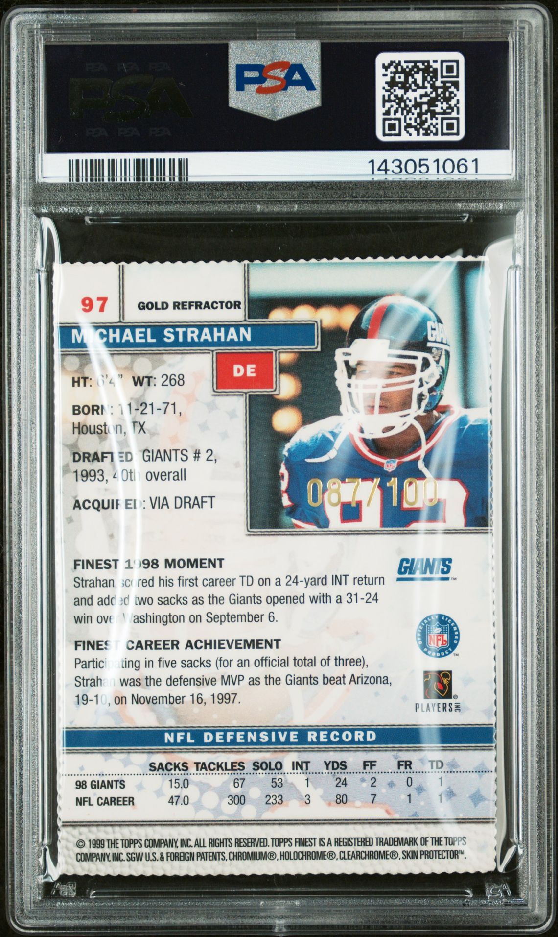 1999 Finest Michael Strahan #97 (Gold Refractor W/Coating) Nm-Mt 8 back