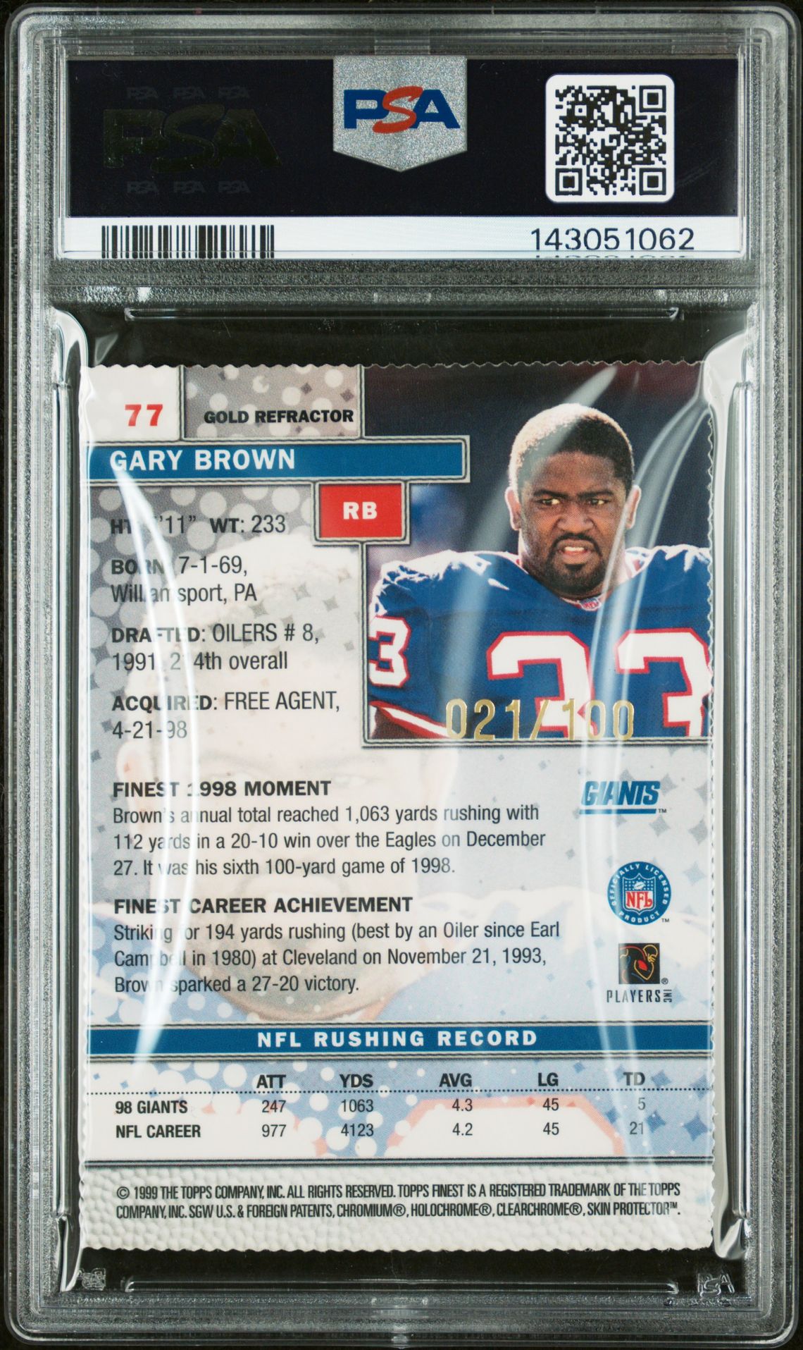 1999 Finest Gary Brown #77 (Gold Refractor W/Coating) Nm-Mt 8 back