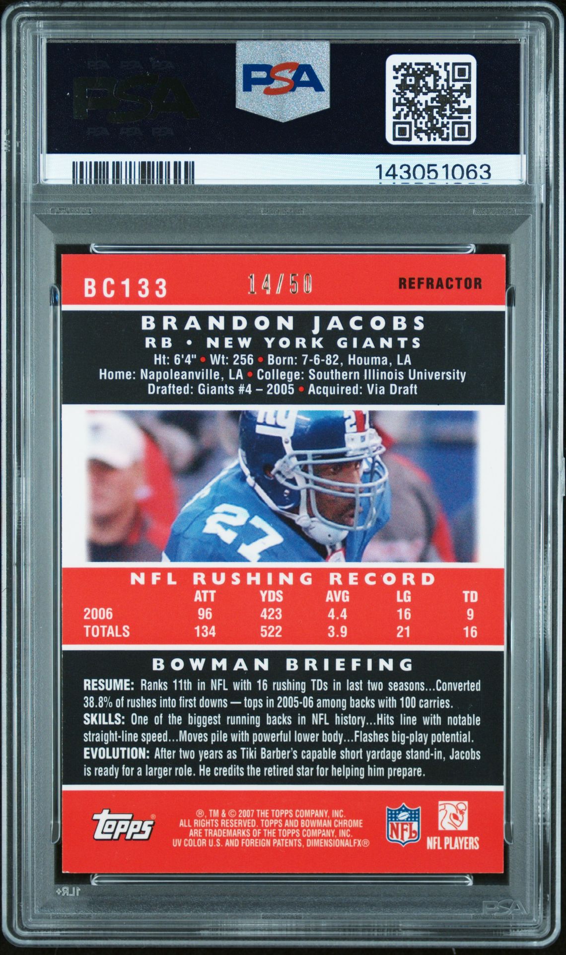 2007 Bowman Chrome Brandon Jacobs #Bc133 (Gold Refractor) Nm 7 back