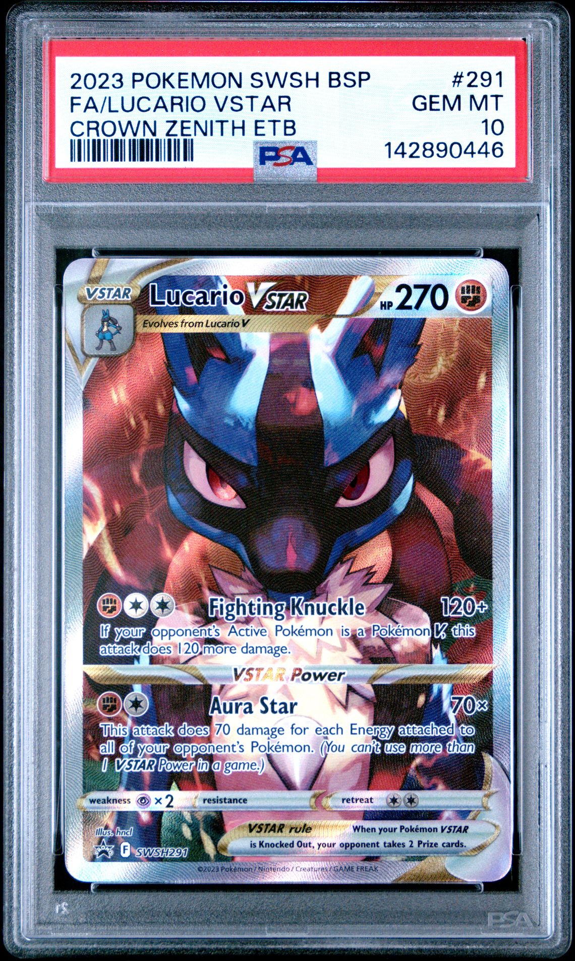 2023 Pokemon Swsh Black Star Promo Fa/Lucario Vstar #291 (Crown Zenith Etb) Gem Mt 10 front view - PSA graded GEM MT 10