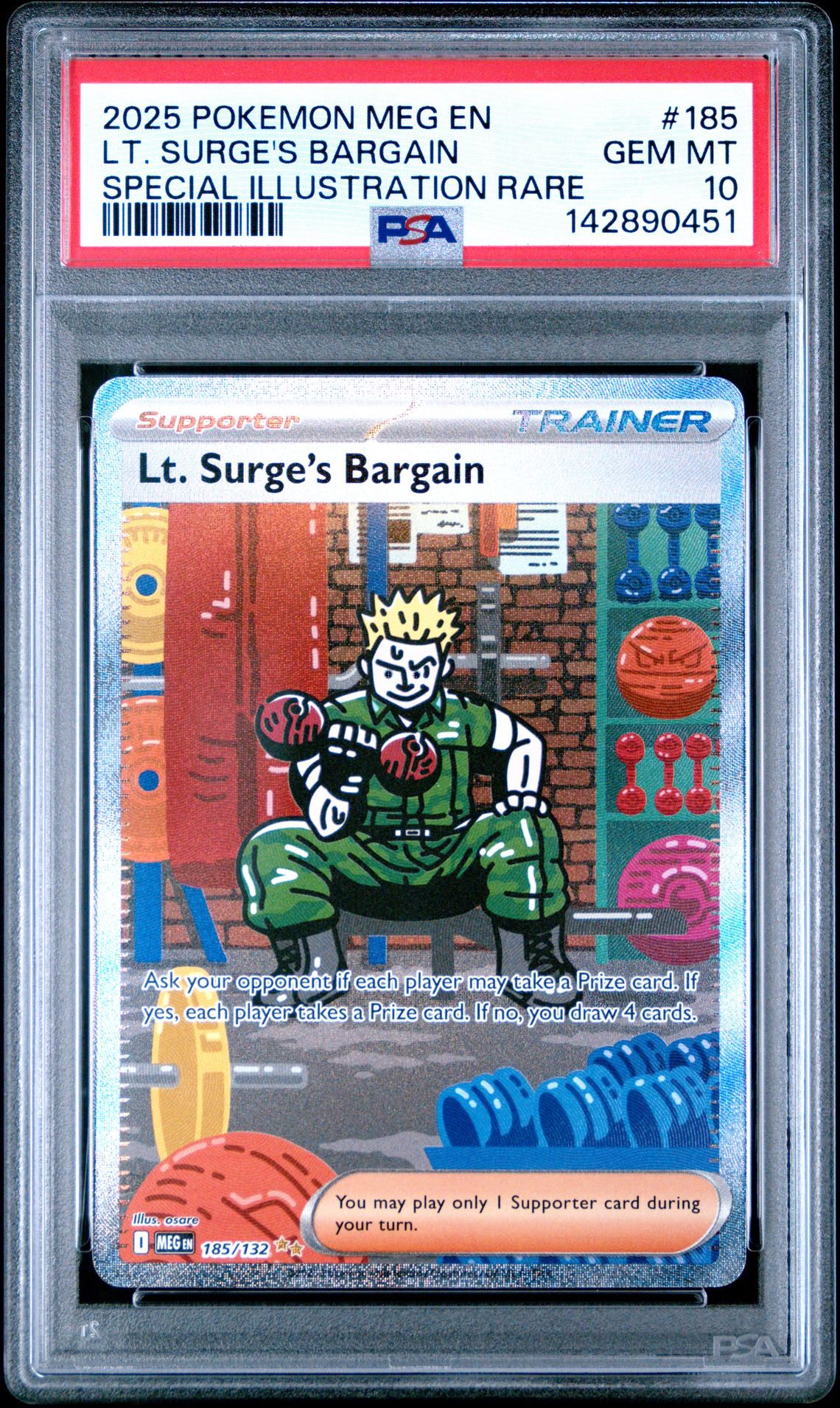 2025 Pokemon Meg En-Mega Evolution Lt. Surge's Bargain #185 (Special Illustration Rare) Gem Mt 10 front