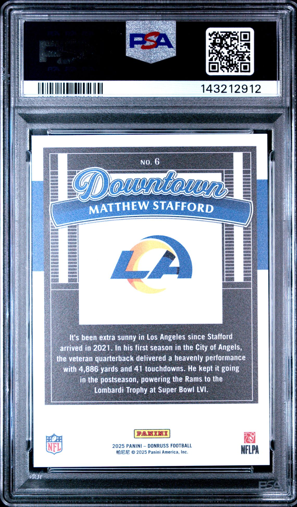 2025 Panini Donruss Downtown! Matthew Stafford #6 Gem Mt 10 back