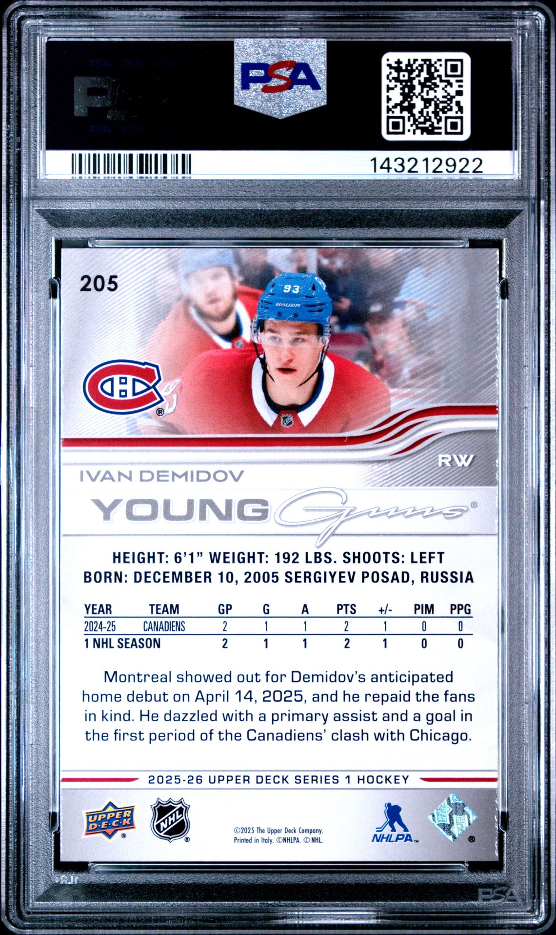 2025 Upper Deck Ivan Demidov #205 Gem Mt 10 back