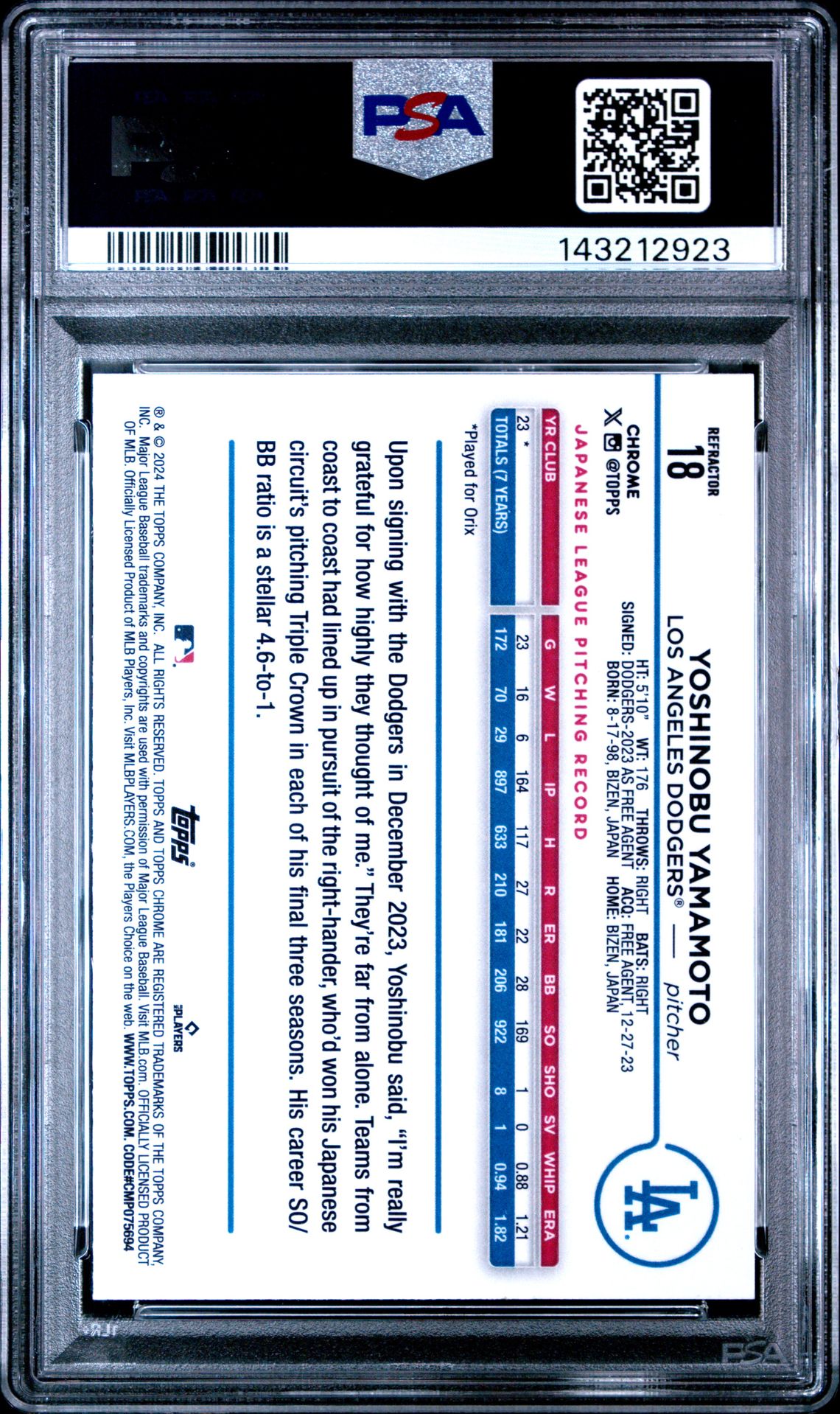 2024 Topps Chrome Yoshinobu Yamamoto #18 (Refractor) Mint 9 back