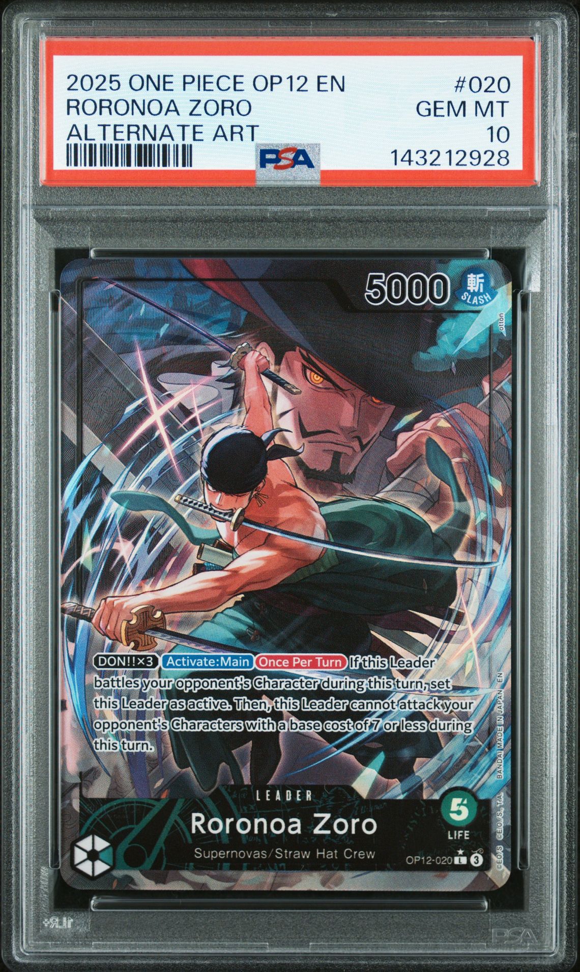 2025 One Piece Op12-Legacy Of The Master Roronoa Zoro #020 (Alternate Art) Gem Mt 10 front