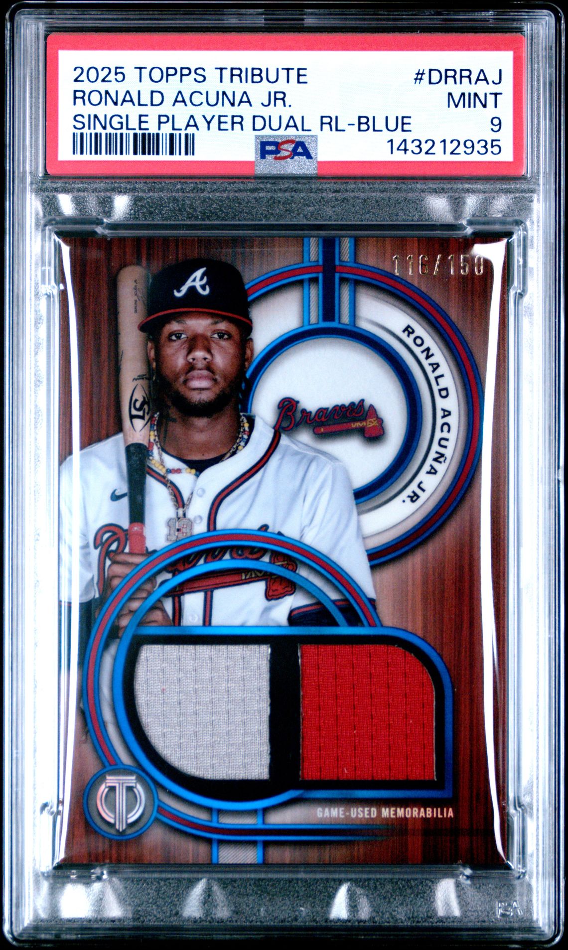 2025 Topps Tribute Single-Player Dual Relics Ronald Acuna Jr. #Drraj (Single Player Dual Rl-Blue) Mint 9 front