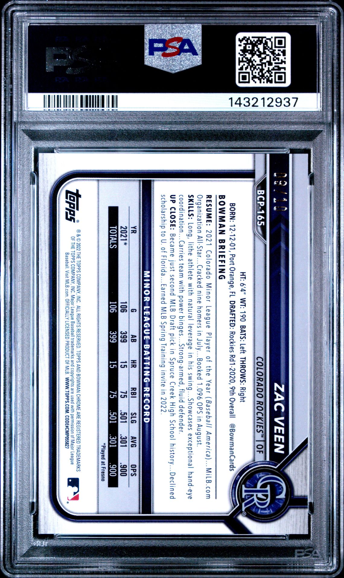 2022 Bowman Chrome Prospects Zac Veen #Bcp165 (Pros-Red Shmr.refractor) Mint 9 back