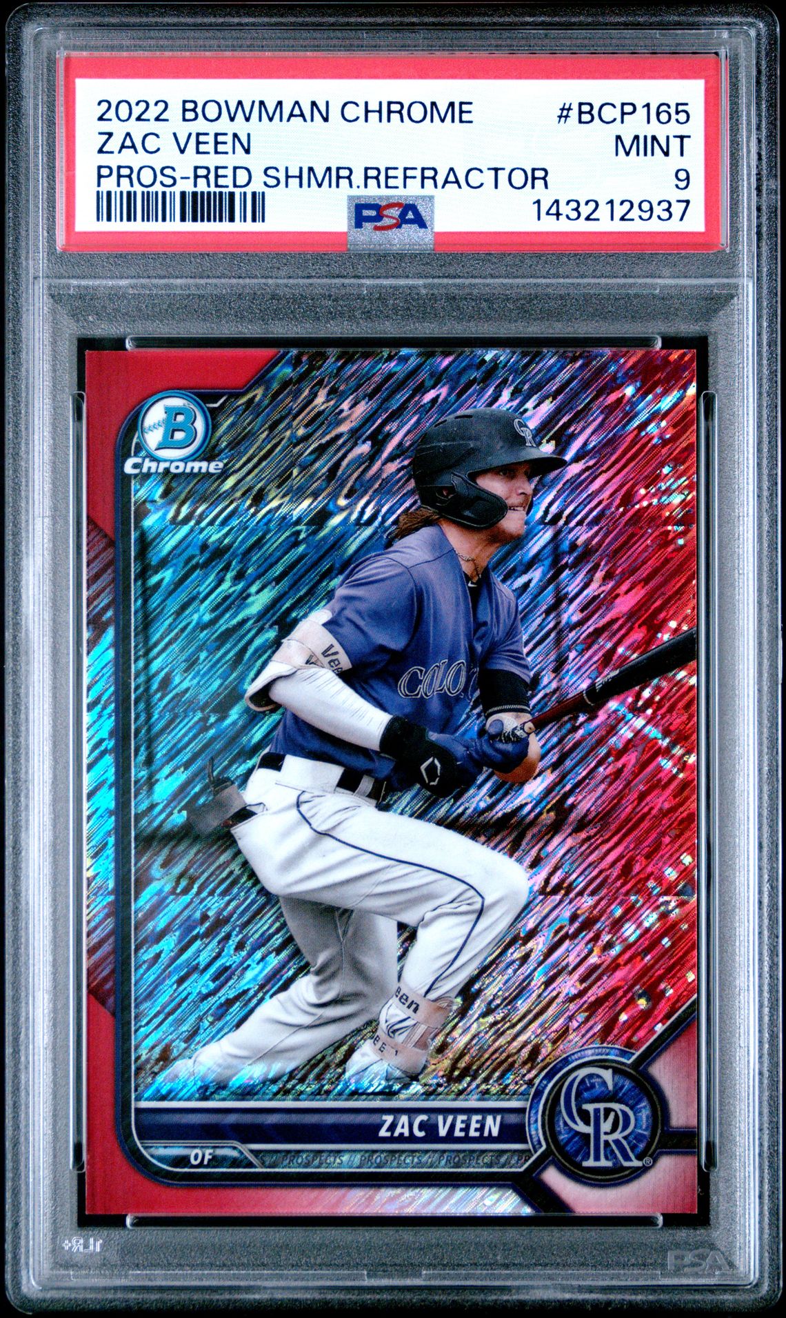 2022 Bowman Chrome Prospects Zac Veen #Bcp165 (Pros-Red Shmr.refractor) Mint 9 front