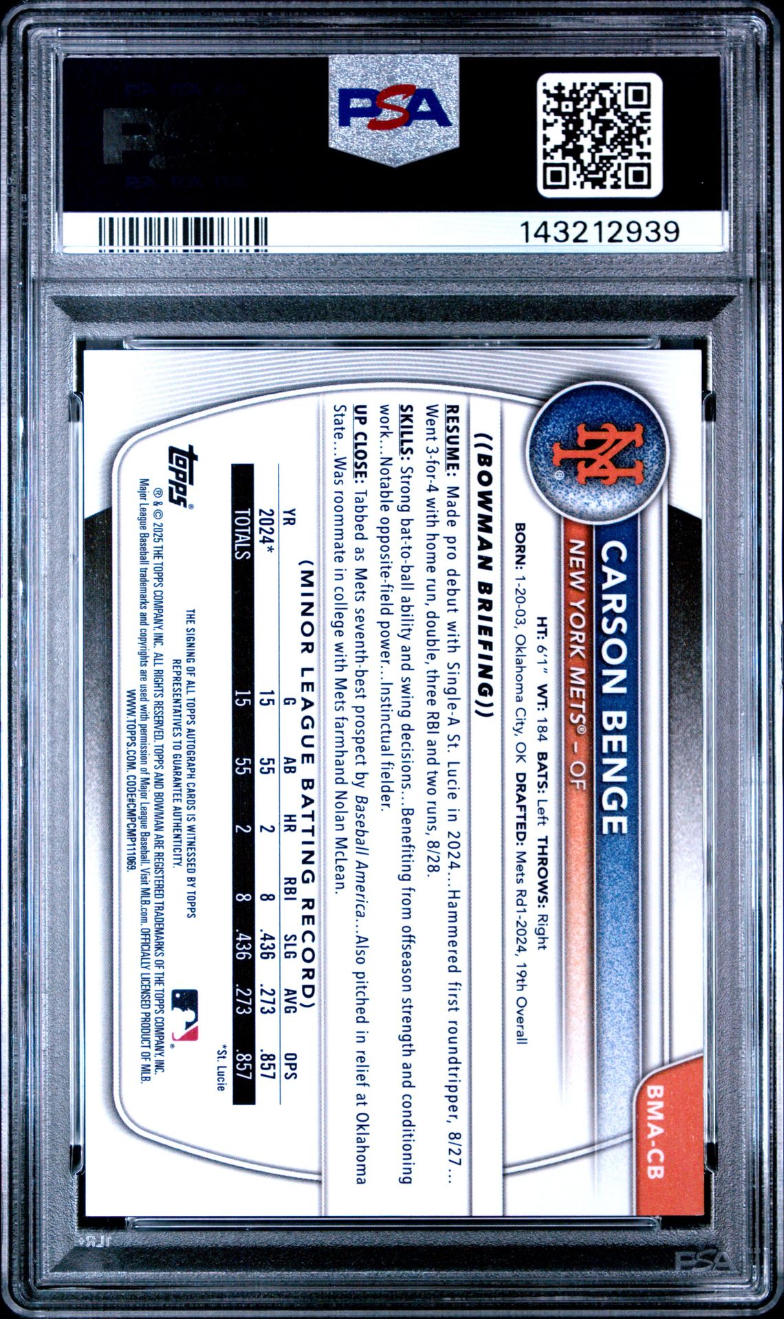 2025 Bowman Chrome Mega Box Chrome Prospects Autographs Carson Benge #Cb (Chrome Pros Auto-Blue Ref) Gem Mt 10 back