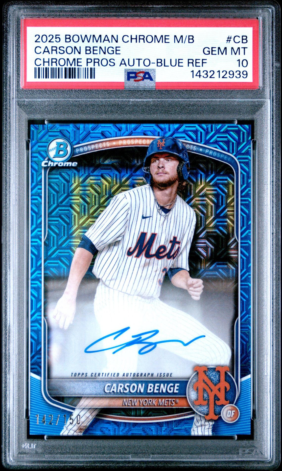 2025 Bowman Chrome Mega Box Chrome Prospects Autographs Carson Benge #Cb (Chrome Pros Auto-Blue Ref) Gem Mt 10 front